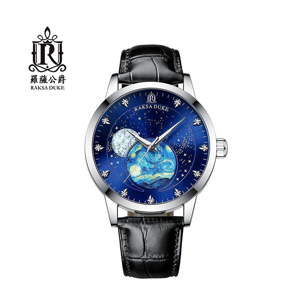 蘇格蘭皇家品牌 RAKSA DUKE羅薩公爵 日月夜璀璨星空自動上鍊機械黑皮帶腕錶