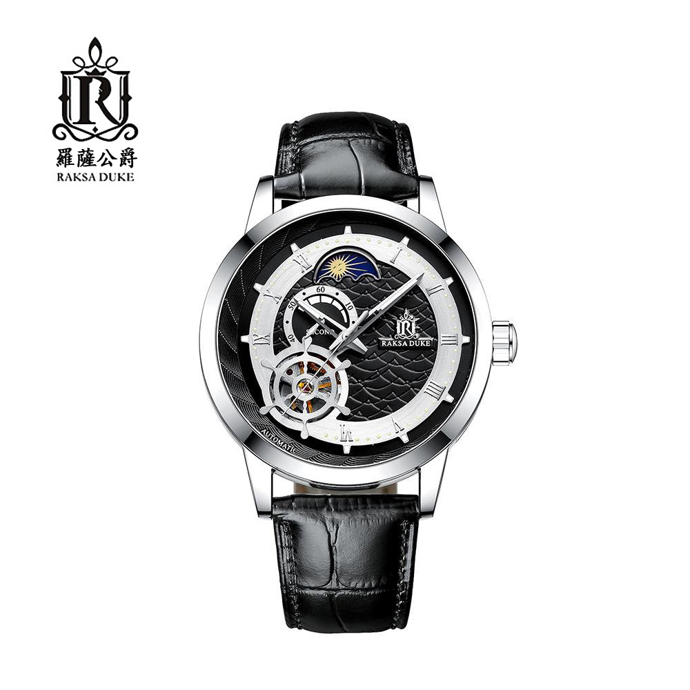 蘇格蘭皇家品牌 RAKSA DUKE羅薩公爵 不畏艱險日月輪轉自動上鍊機械銀框黑皮帶腕錶