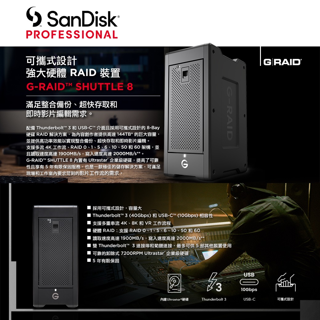 SanDisk Professional G-RAID™SHUTTLE 8 48TB專業級桌上型硬碟(公司貨 
