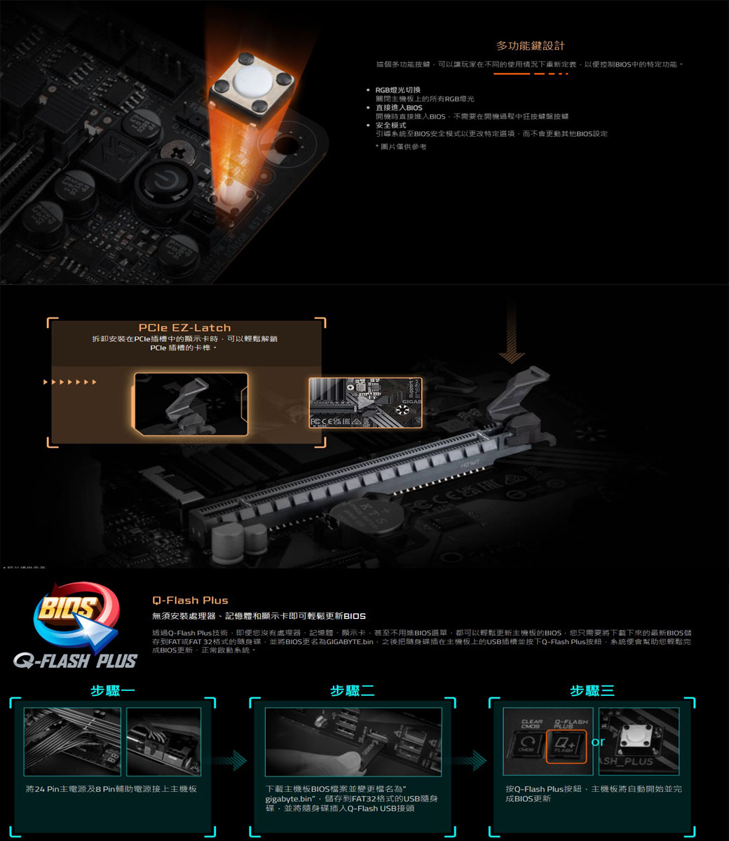 多功能鍵設計這個多功能按鍵可以讓玩家在不同的使用情況下重新定義以便控制中的特定功能 RGB切换關閉機板上的所有RGB燈光 直接進入BIOS開機時直接進入BIOS不需要在開機過程中狂按鍵盤按鍵安全模式引導系統至BIOS安全模式以更改特定選項而不會更動其他BIOS設定FP SENSOR RST SW  ୮PCle EZ-Latch拆卸安裝在PCIe插槽中的顯示卡時可以輕鬆解鎖PCIe 插槽的卡榫L* 圖片僅供參考KTS &-Flash Plus無須安裝處理器、記憶體和顯示卡即可輕鬆更新BIOS透過-Flash Plus技術即便沒有處理器、記憶體、顯示卡甚至不用進BIOS選單都可以輕鬆更新主機板的BIOS您只需要將下載下來的最新BIOS存到FAT或FAT32格式的隨身碟並將BIOS更名為GIGABYTE.bin之後把隨身碟插在主機板上的USB插槽並按下Q-Flash Plus系統便會幫助您輕鬆完BIOS更新正常系統。Q- PLUS步驟一步驟二୮步驟三୮CLEAR Q-FLCMOS將24 Pin主電源及8 Pin輔助電源接上主機板下載主機板BIOS檔案並變更檔名為gigabyte.bin儲存到FAT32格式的USB隨身碟,並將隨身碟插入Q-Flash USB接頭Q orFLASHASH PLUS按Q-Flash Plus按鈕,主機板將自動開始並完BIOS更新LL